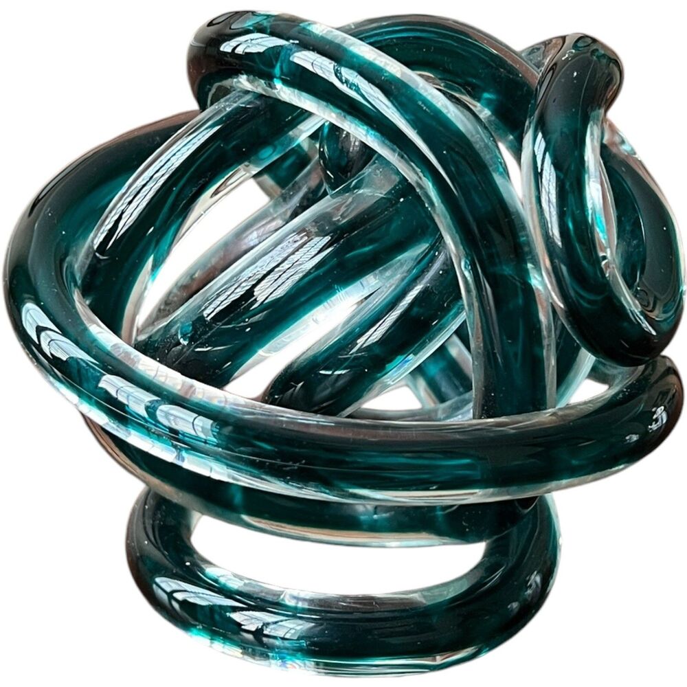 Hand Blown Art Glass Knot Figurine 5" Round Modern Contemporary Blue-Green